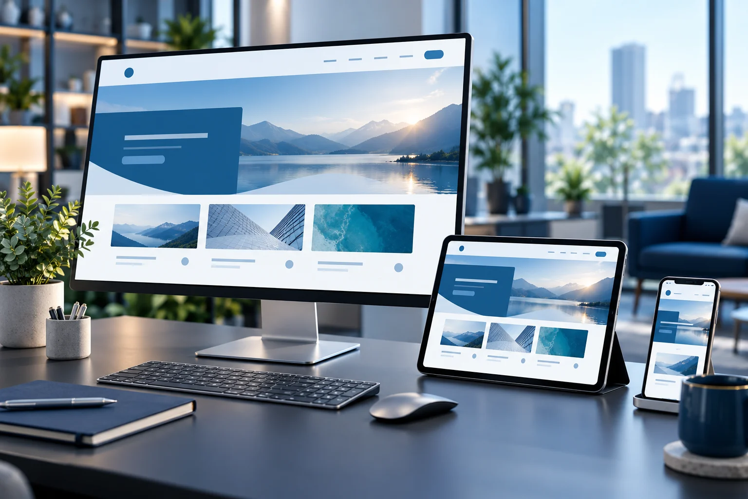 Responsive Website auf Desktop, Tablet und Smartphone – generiertes Symbolbild