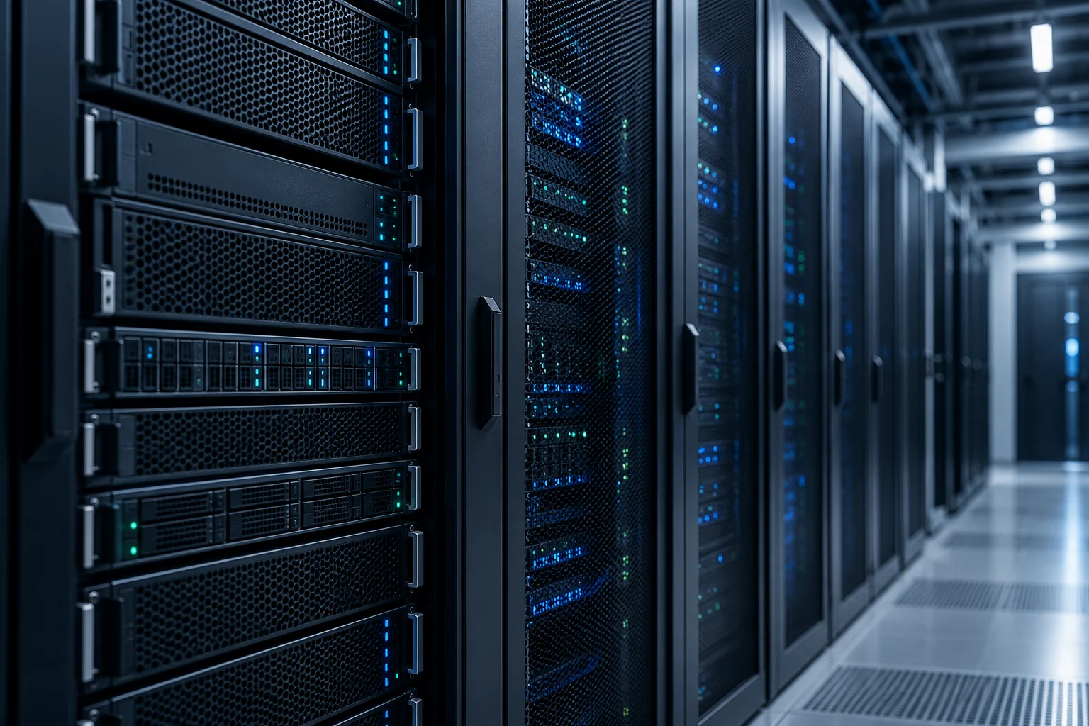 Serverracks mit blauen Statusanzeigen – generiertes Symbolbild